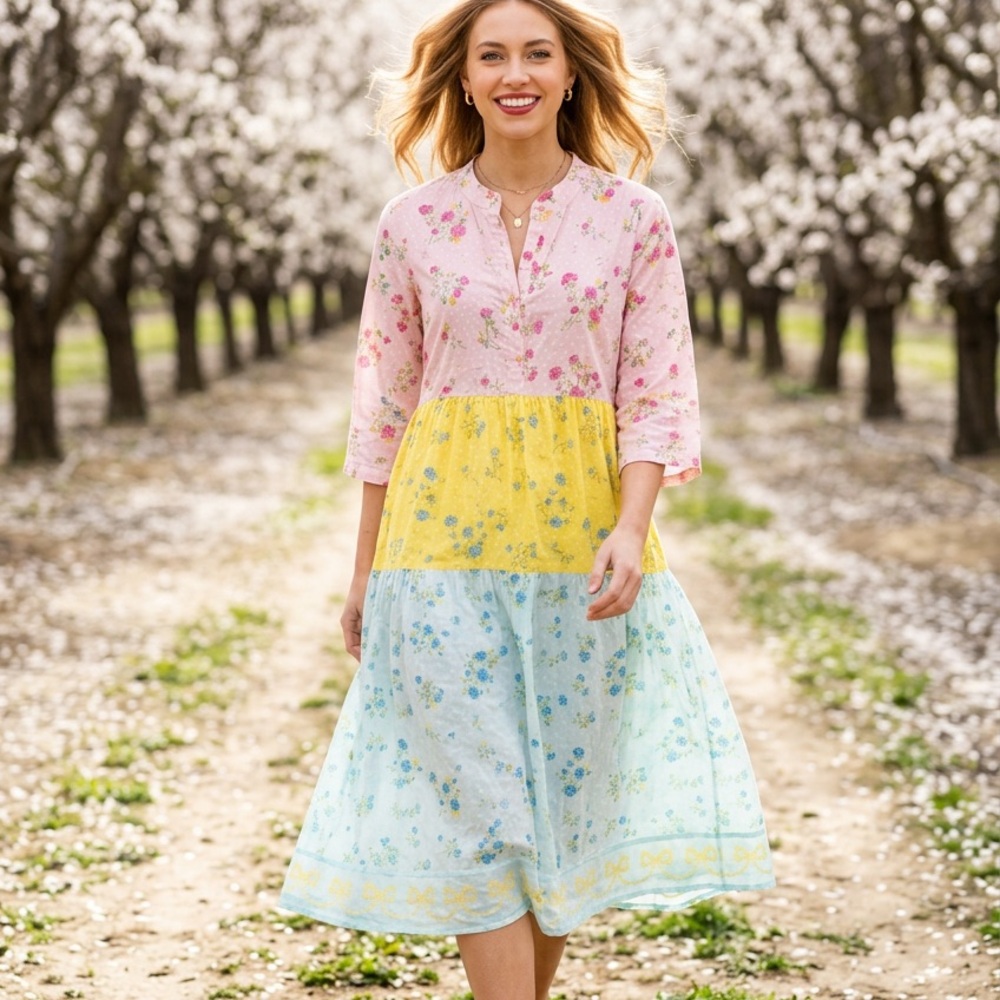 Mary Marshmallow Block Color Flowered Tiered Dress Size L/XL $198